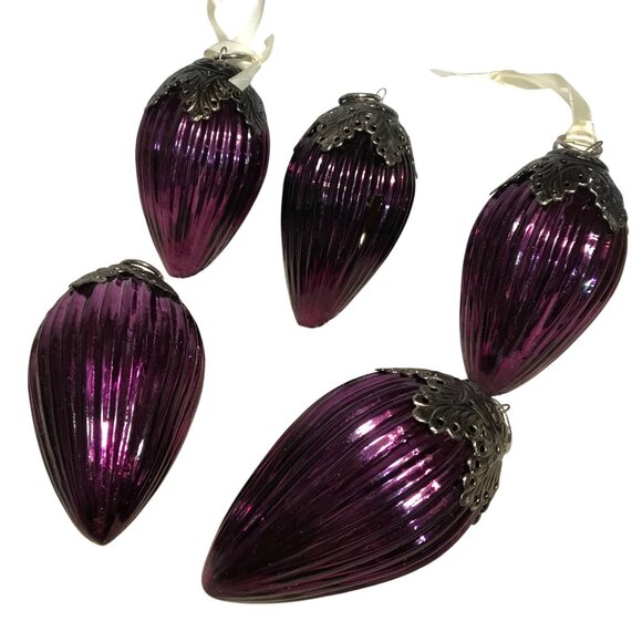 Purple Glass Christmas Ornaments Ornate Silver Caps Kugel? Vintage Very Heavy - Picture 5 of 14